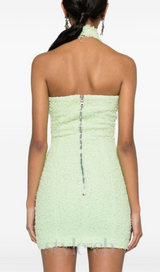 GEMMA PAISLEY-EMBELLISHED TWEED MINI DRESS IN GREEN