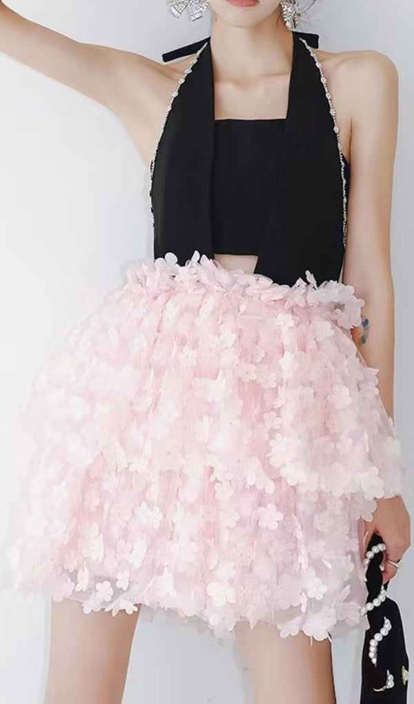 SLEEVELESS HALTER DRESS WITH PINK FLOWERS IN BLACK
