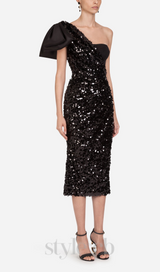 MARY BLACK SEQUINED LONGUETTE DRESS WITH BOW