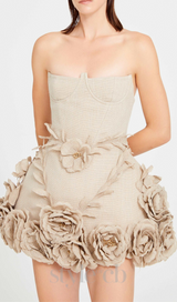 SALOME BEIGE LINEN CORSET FLOWER DETAILS MINI DRESS