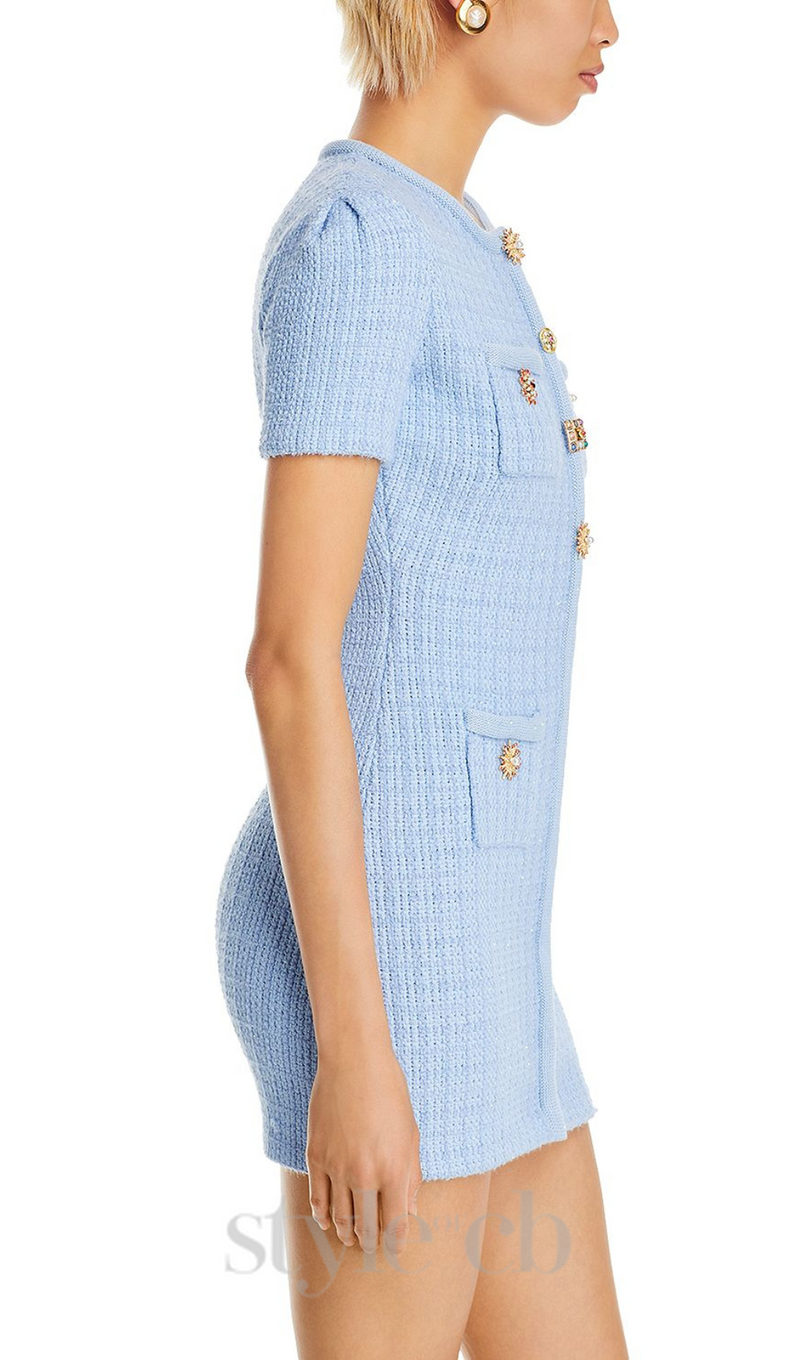 MODESTY BEADED BUTTON KNIT MINI DRESS IN BLUE