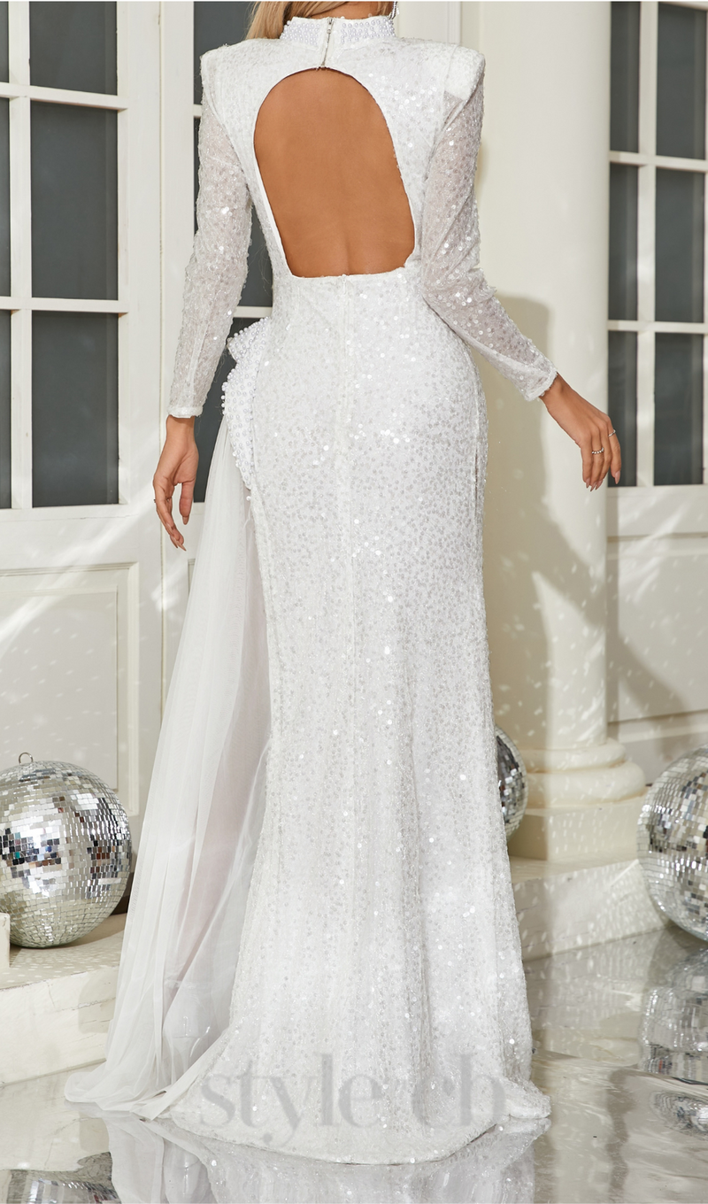 YVETTE PEARL EMBELLISHED SEQUIN MAXI DRESS IN WHITE