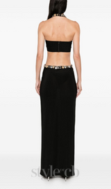 ADELA CRYSTAL EMBELLISHMENT HALTER NECK BLACK MAXI DRESS