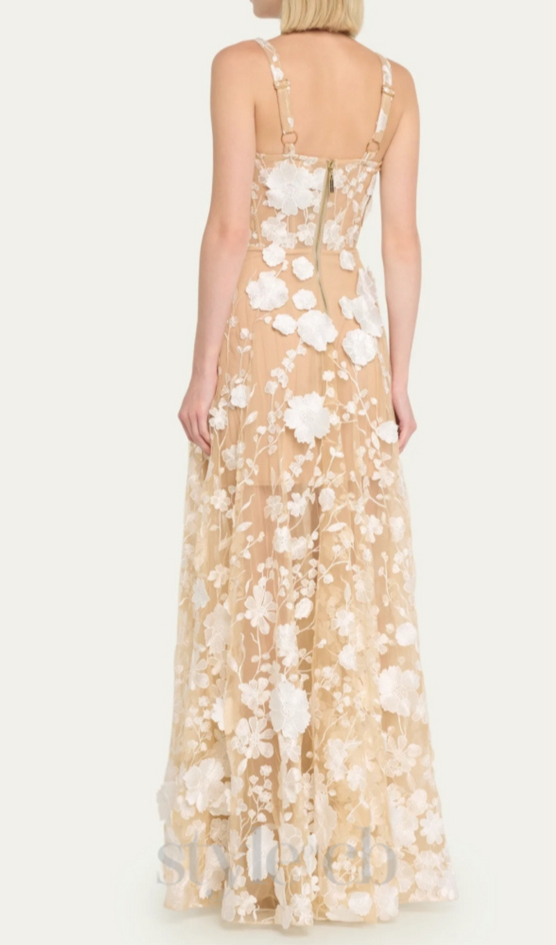 APPHIA FLORAL EMBROIDERED SLEEVELESS TULLE MAXI DRESS