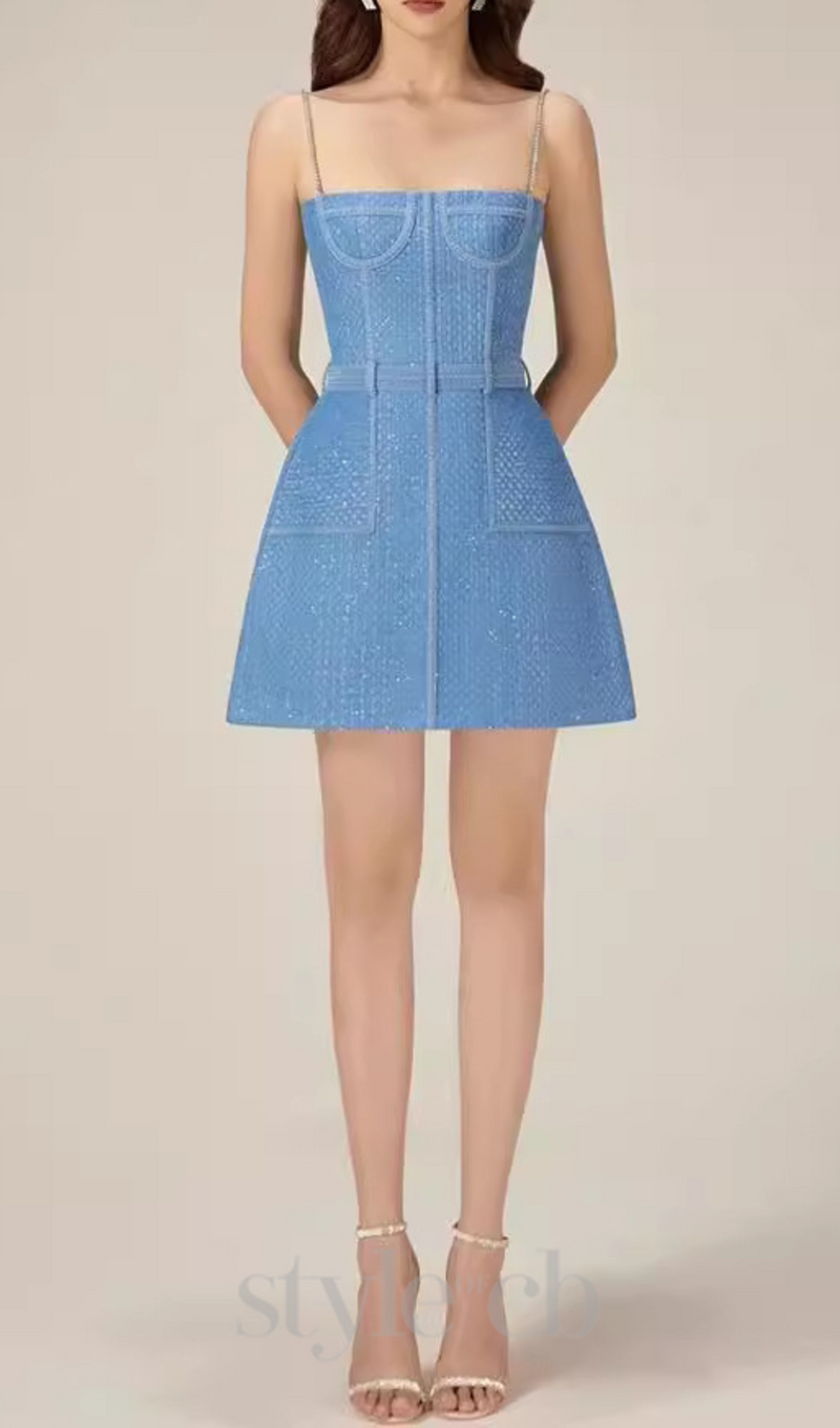 ANDREA DENIM RHINESTONE SUSPENDER MINI DRESS IN BLUE