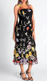 Halter Embroider Floral midi Dress in black