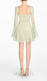 TERESA TRUMPET SLEEVE LACE EMBROIDERY MINI DRESS IN GREEN