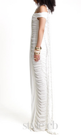 cara white off-shoulder ruched bodycon maxi dress with rope embellished