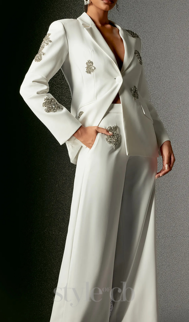 Winee Rhinestones embellished Blazer Set White