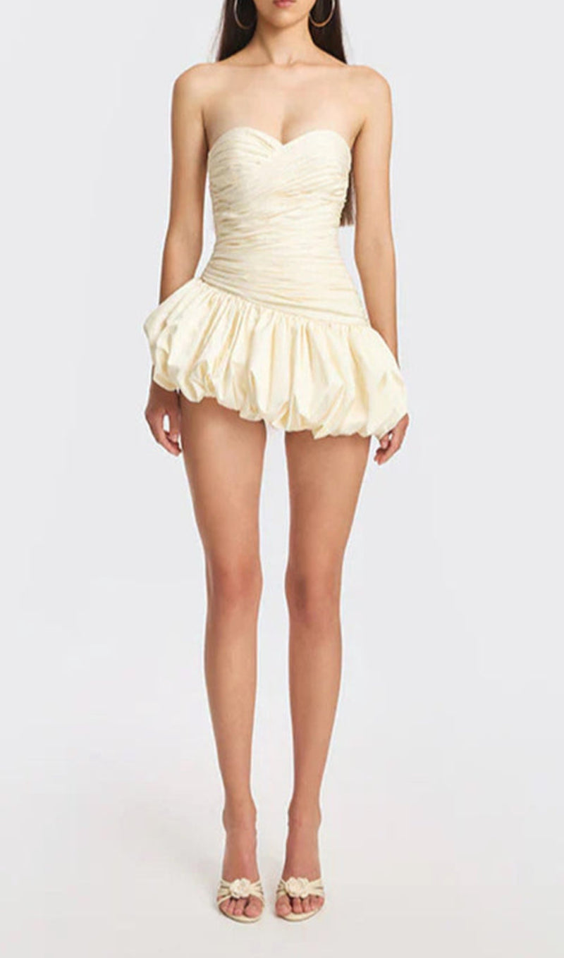 Balloon Draped strapless Mini Dress in white