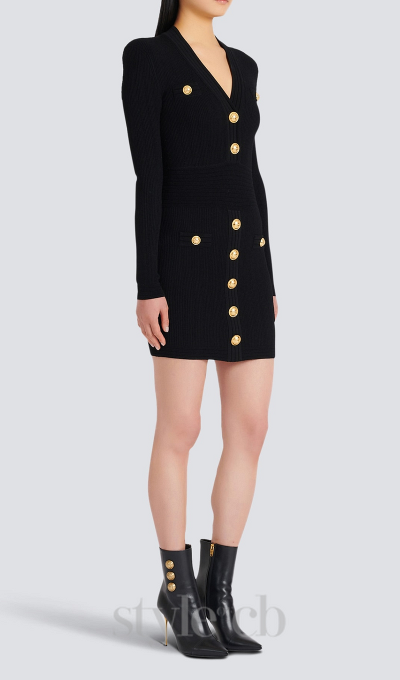 TARA BLACK SHORT KNITTED MINI DRESS WITH GOLD BUTTONS