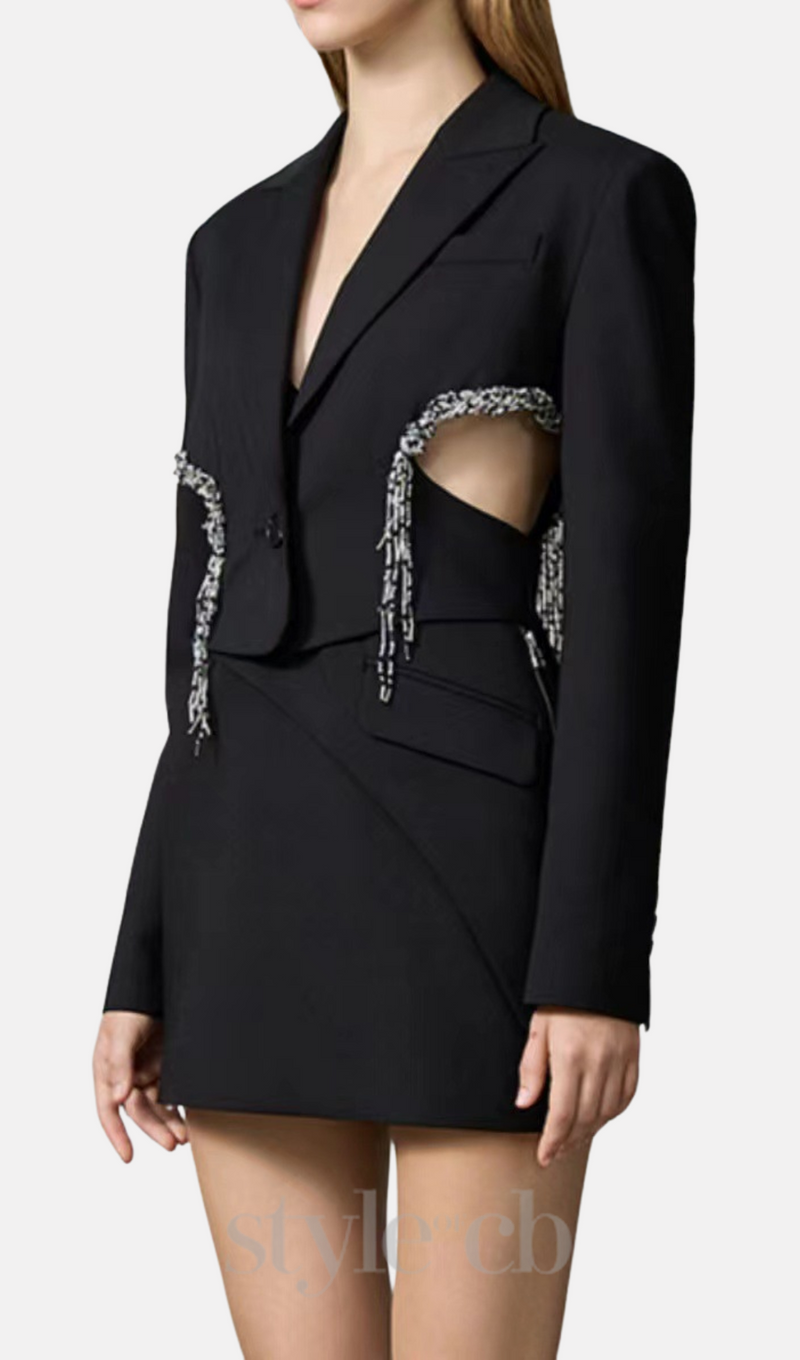 crystal-embellished cut out blazer dress in black