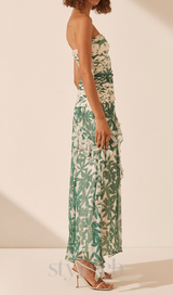 PRINT STRAPLESS CONTRAST MAXI DRESS IN GREEN