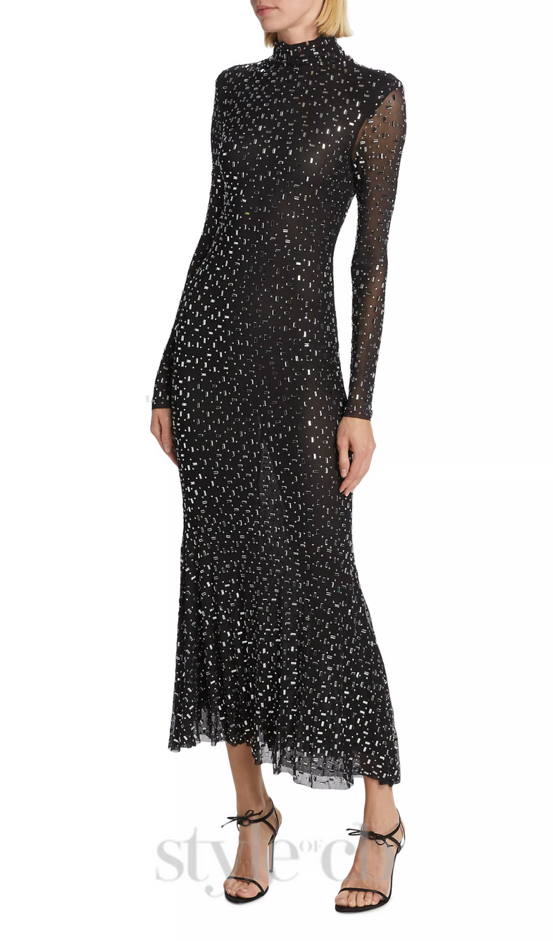 crystal Embellished Mesh Midi Dress in black