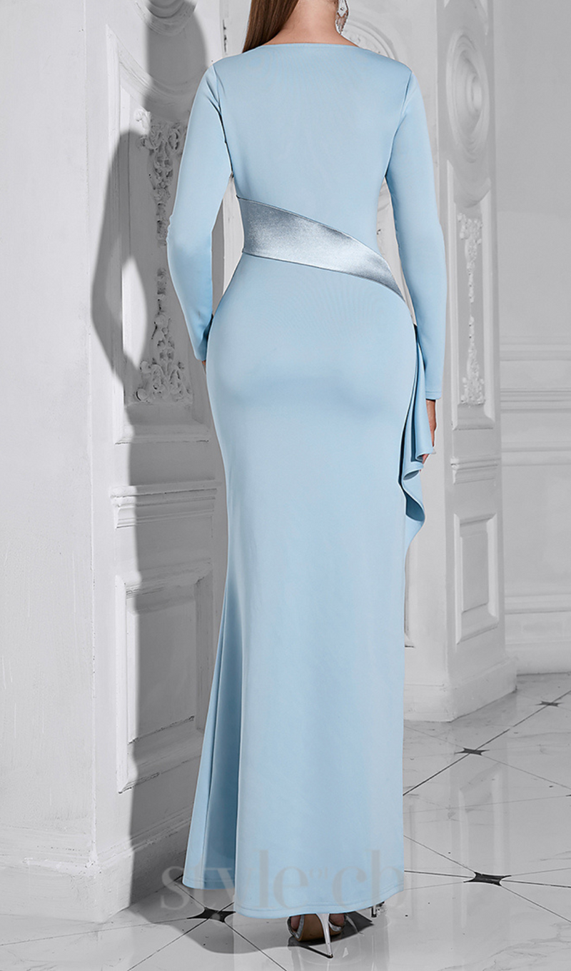 CLARA HIGH SLIT PATCHWORK BODYCON MAXI DRESS IN PALE BLUE