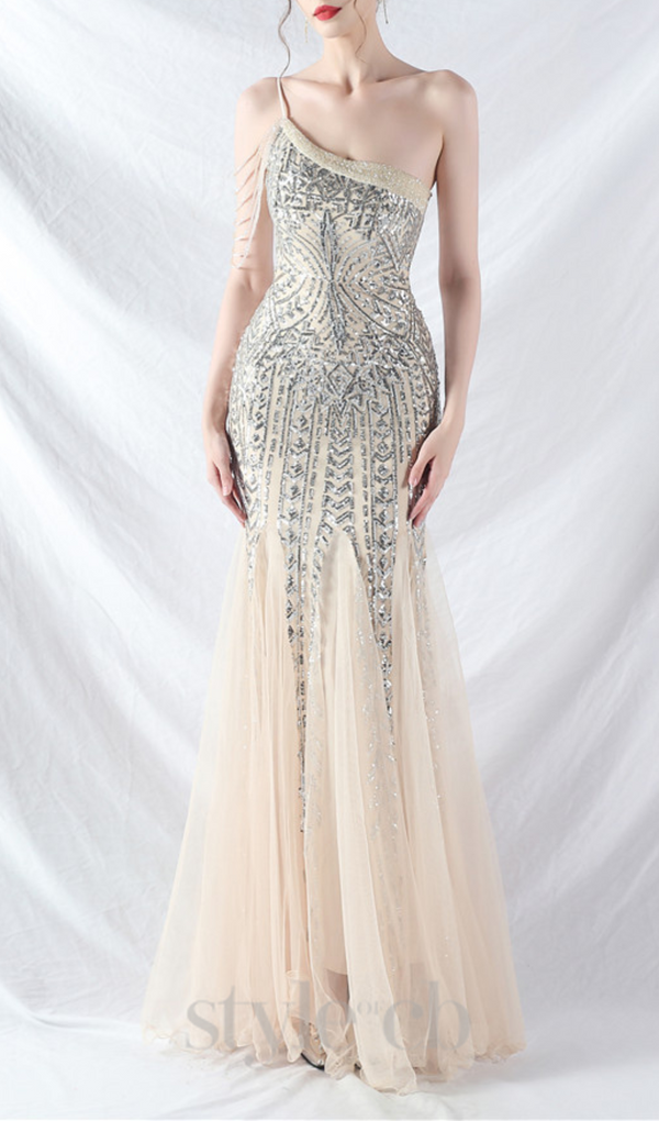 DEIRDRE GOLD ONE-SHOULDER SEQUINED FISHTAIL MAXI DRESS