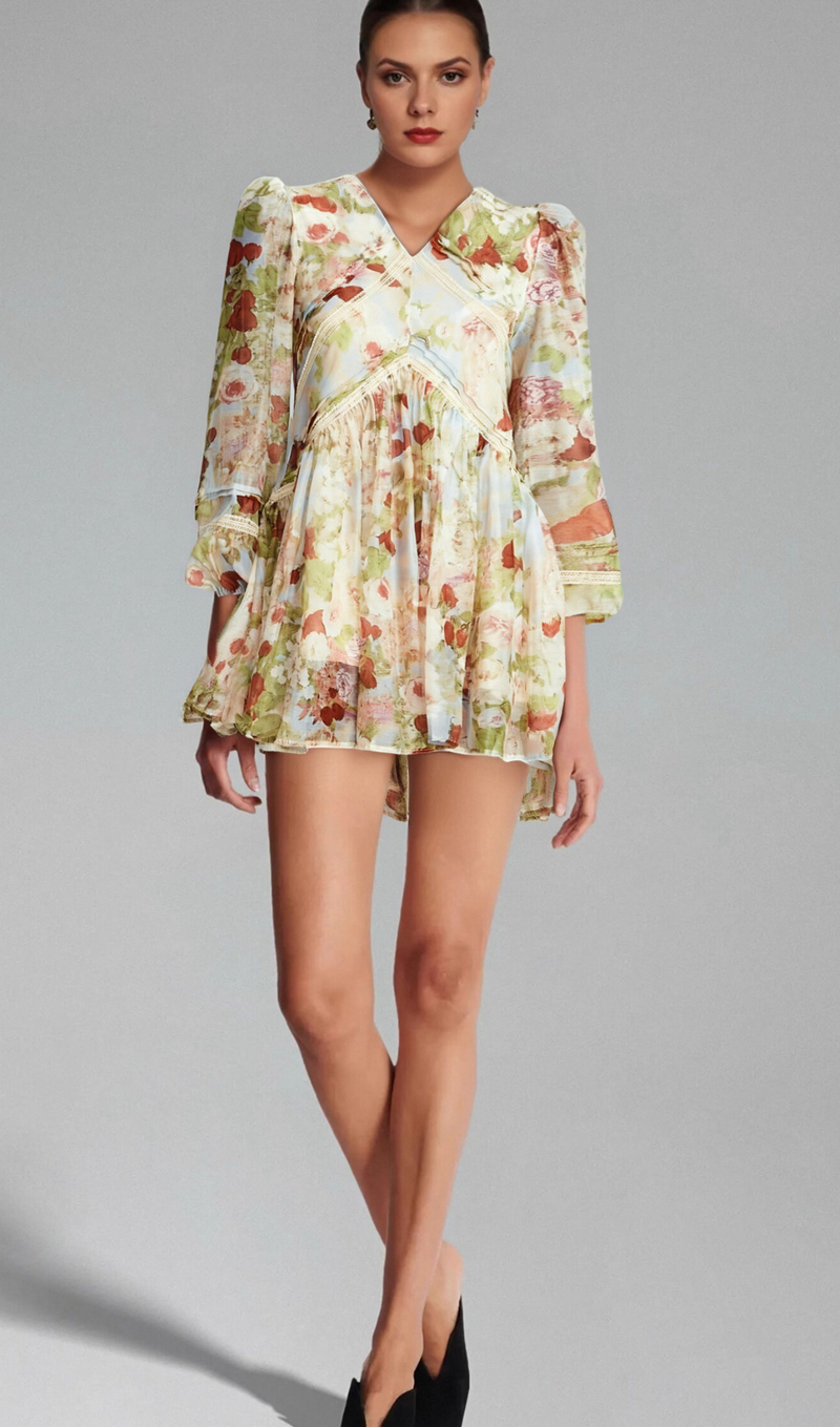 Ailis floral-print lace-detail mini dress