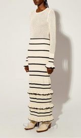 BRIDGET KNIT STRIPE FRILL MIDI DRESS IN WHITE