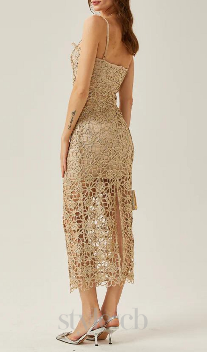 AGNES GOLD LACE CROCHET CUTOUT MIDI DRESS