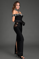 Palanee Halter Diamond Bodycon Dress With Gloves