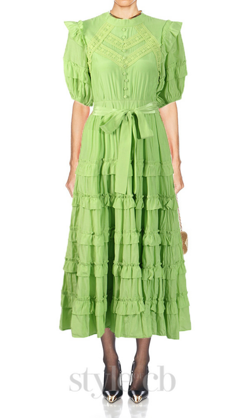 Lace ruffle trim layer midi dress in green