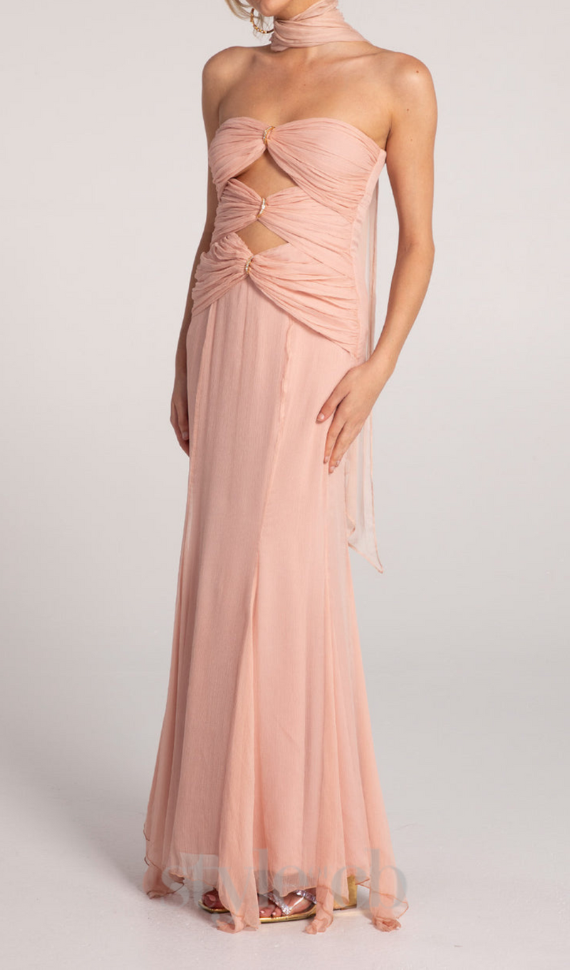 ALYSSA PINK HOLLOW BANDAGE STRAPLESS TULLE MAXI DRESS