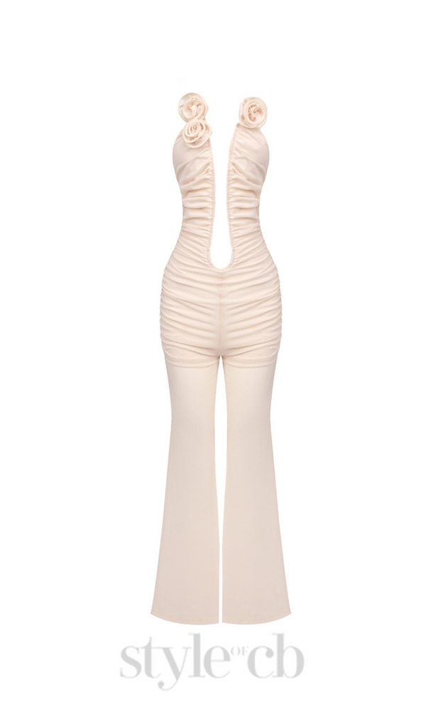 XANTHE APRICOT 3D FLOWER RUCHED MESH JUMPSUIT