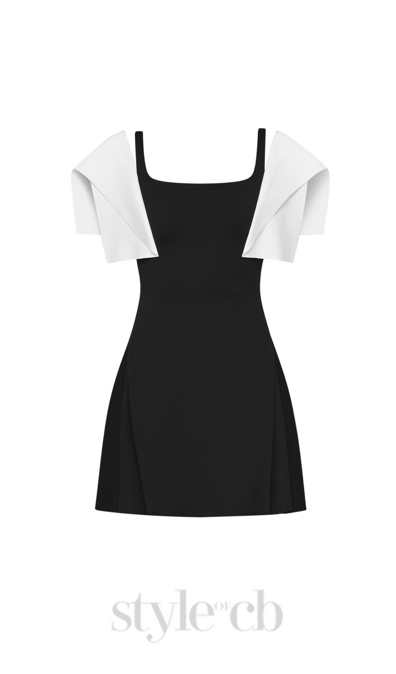 BARBARA BLACK SQUARE NECK MINI DRESS WITH WHITE SHOULDER