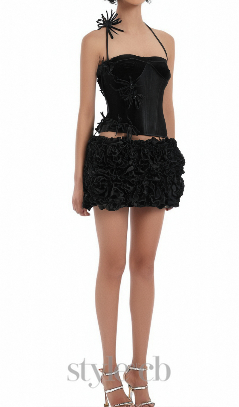 velvet corset floral mini skirt suit in black