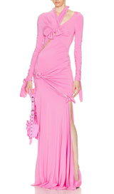 KNOTTED CUTOUT MAXI SLITS GOWN IN PINK