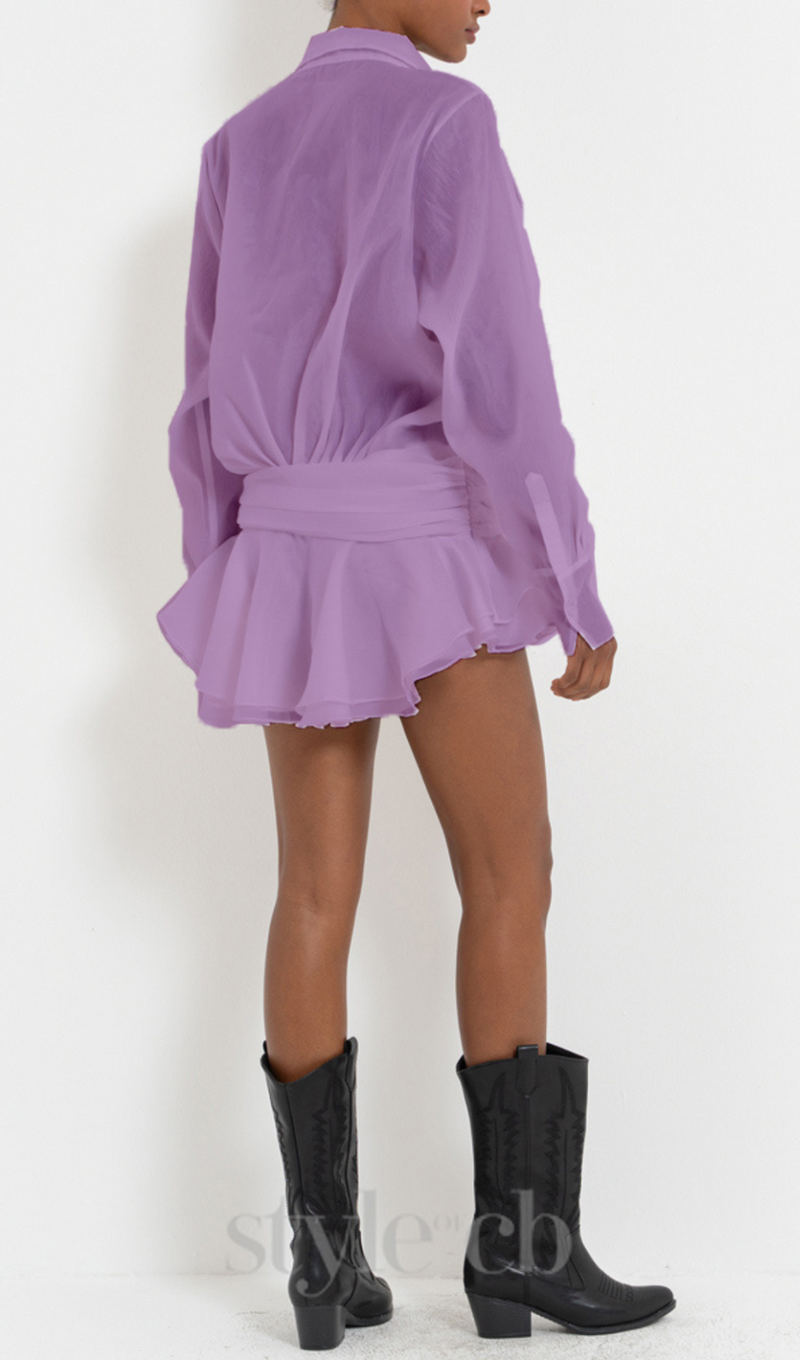 EMBER RUCHED RUFFLE MINI DRESS IN PURPLE