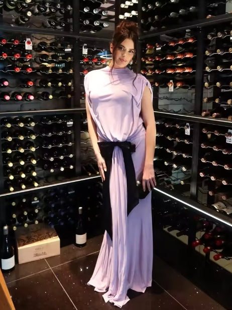 bernice Bow Patch Cut Backless Maxi Dress in purple