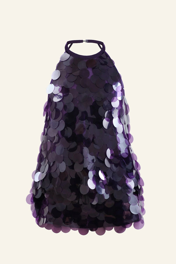 shirley sequin halter backless mini dress in purple