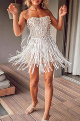 Silver Pearl Sequin Tassel Mini Dress