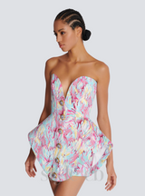 STACEY MULTICOLOR FEATHER PRINT PEPLUM BUSTIER MINI DRESS