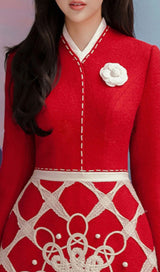 STAND COLLAR LONG SLEEVE HIGH WAIST PATCHWORK EMBROIDERY MINI DRESS