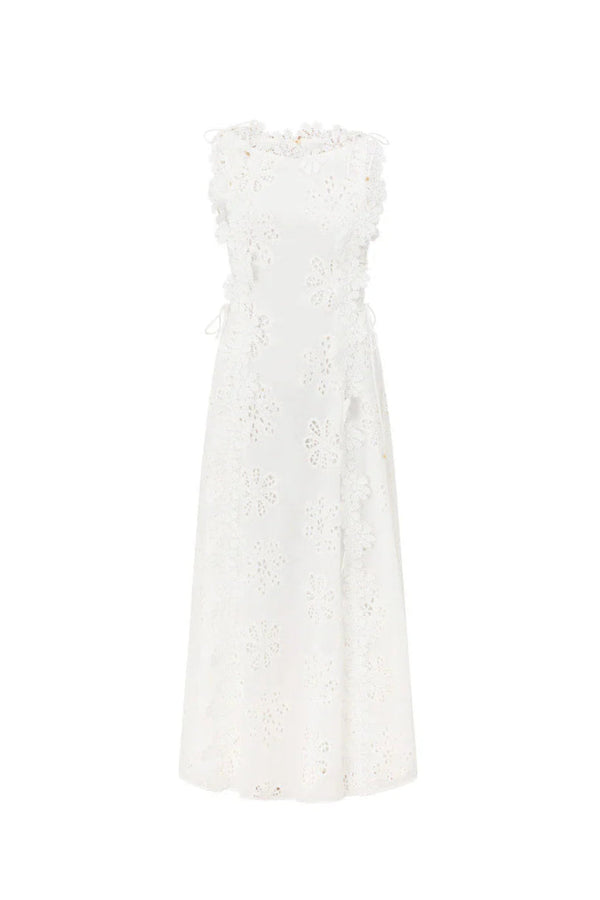 lace trim embroidery hollow midi dress in white