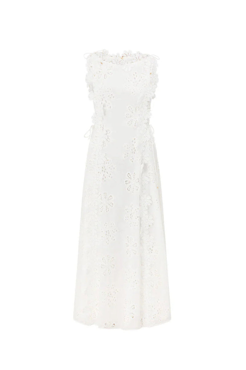 lace trim embroidery hollow midi dress in white