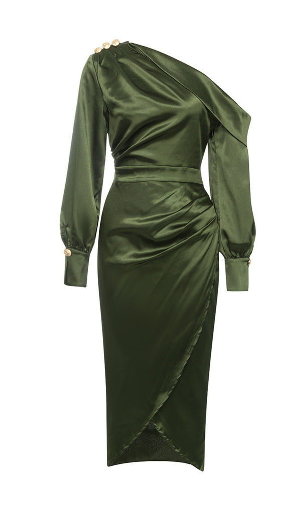 ONE-SHOULDER LONG-SLEEVE SILK PLEATED HIP DRESS