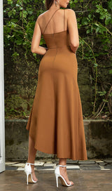 BROWN ONE SHOULDER SLEEVELESS CASUAL DRESS