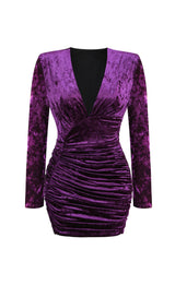 PURPLE V NECK RUCHED VELVET MINI DRESS