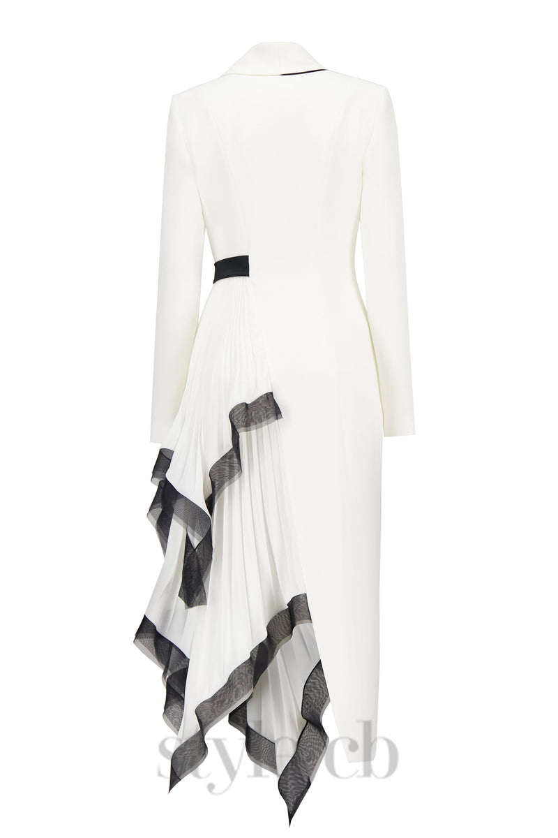 Asymmetric pleated ruffle trim blazer dress in white