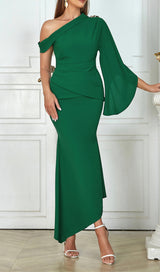 GREEN ONE-SHOULDER FLARED LONG-SLEEVE RUFFLE DRESS