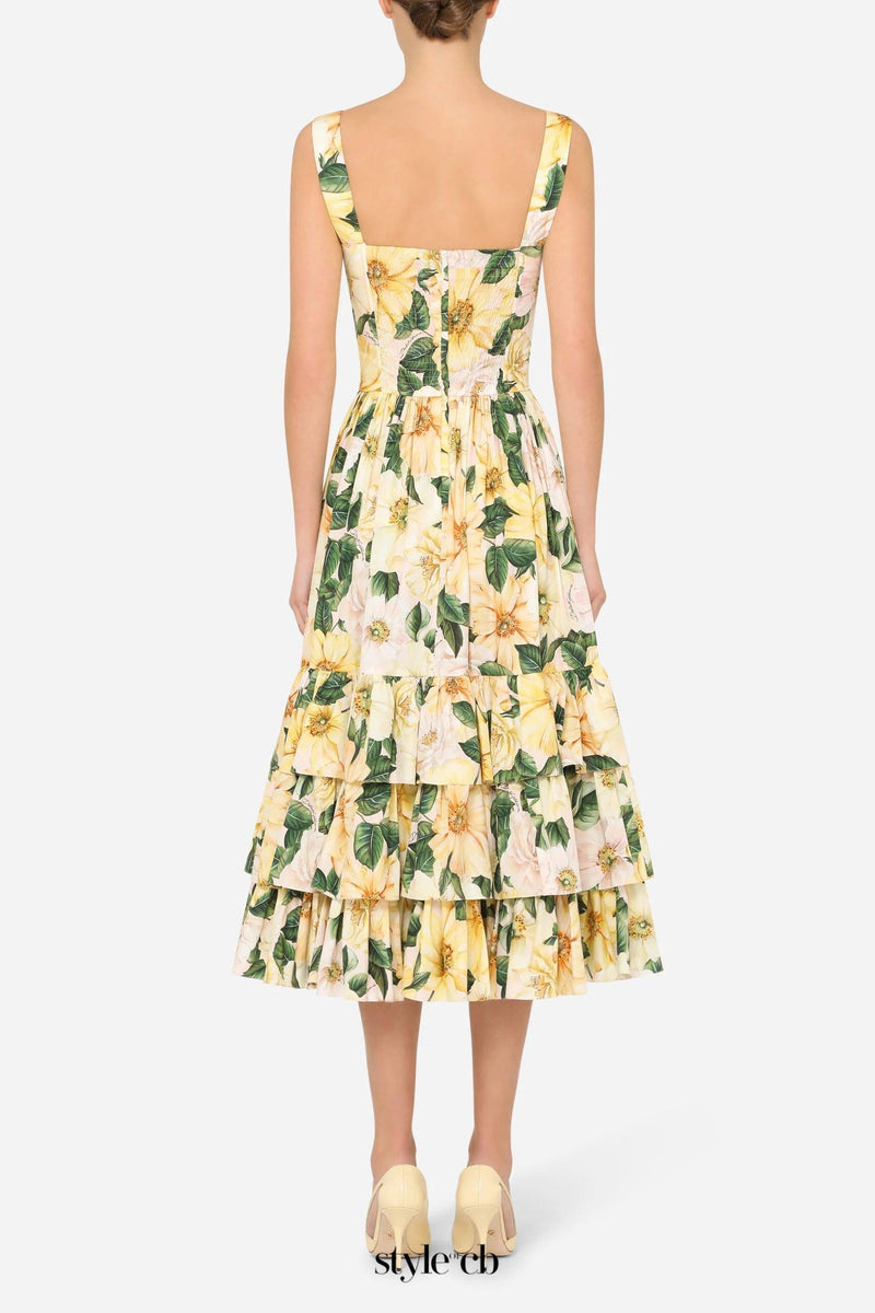 Camellia-print poplin midi dress in yellow