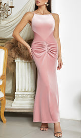 PINK SUSPENDER BACKLESS VELVET PLEATED HIP DRESS