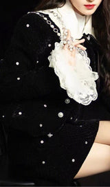 STARRY VELVET RHINESTONE LACE TRUMPET SLEEVE SHORT COAT & SKIRT SUIT