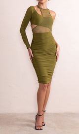 MESH ONE SHOULDER LAYERED DRESS WITH RUCHING
