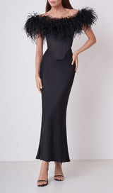 FEATHER OFF SHOULDER MERMAID MAXI DRESS BLACK