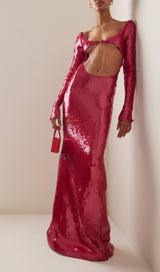 SEQUIN-EMBROIDERED CUT-OUT MAXI DRESS IN RED