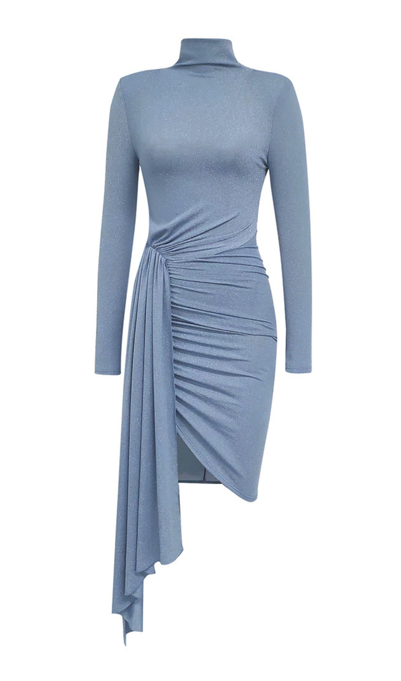 HALF TURTLENECK LONG SLEEVE PLEATED IRREGULAR BODYCON DRESS